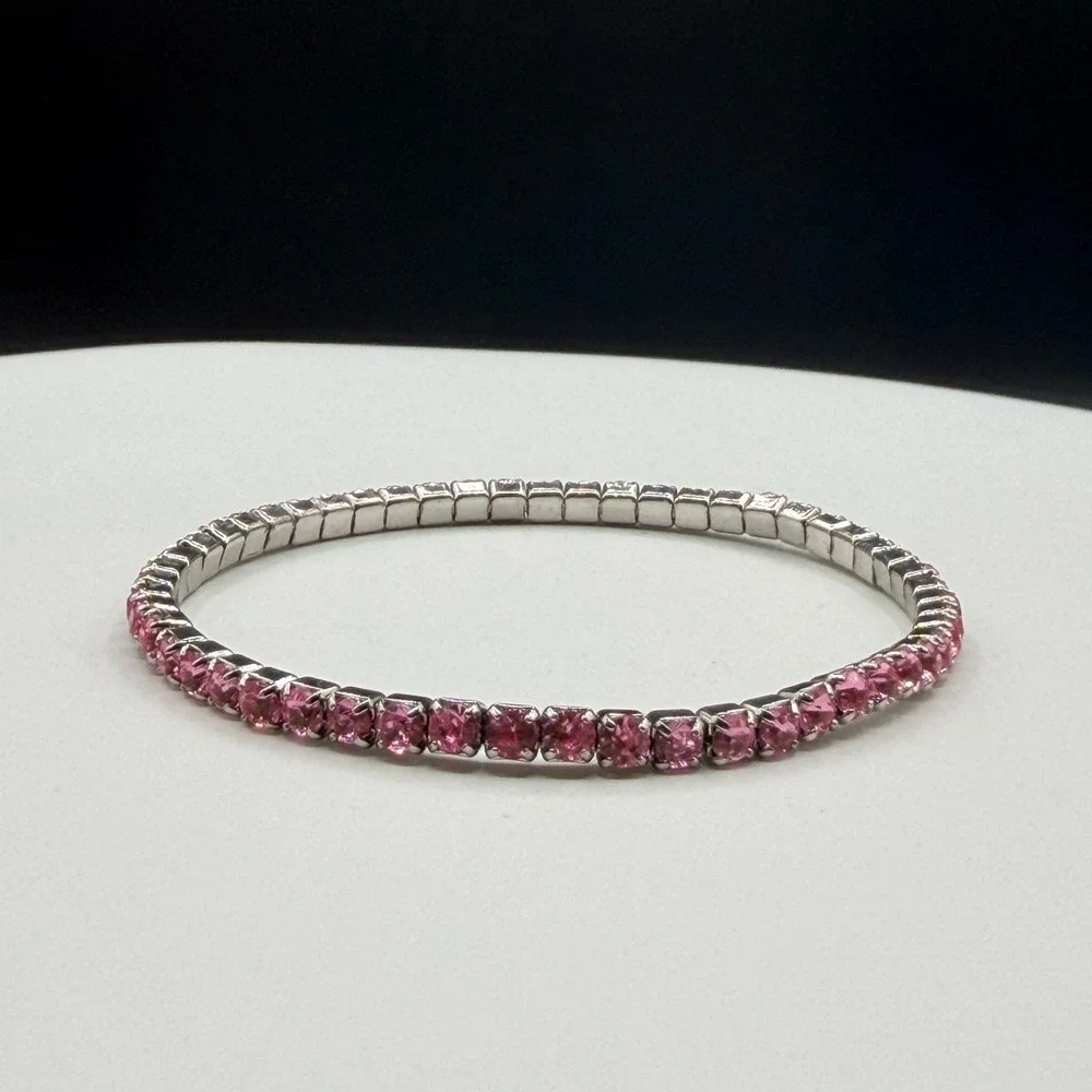 Pink Rhinestone Stretch Bracelet Ring Set Silver Tone Coquette Y2K Sparkle Gift